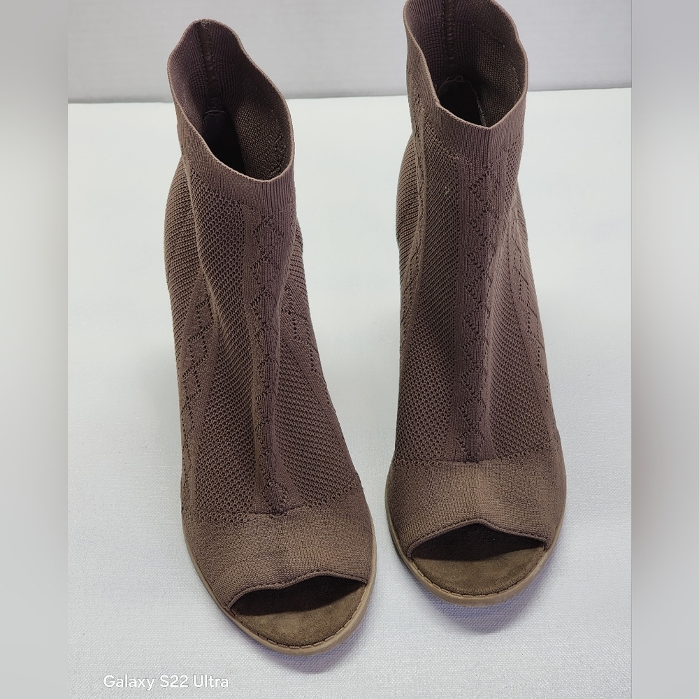 Qupid Chocolate Knit Peep-Toe Booties
